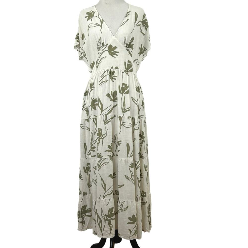 White|Closet - Cream/Olive Green Maxi Dress - Linen/Rayon, w/pockets - Size M